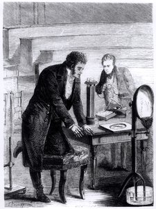 Hans Christian Oersted (1777-1851) ontdekt de afwijking van de magnetische naald door gesloten stroom in 1820, uit Les Merveilles de la Science door Louis Figuier (1819-94), 1867