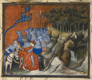 Koning Richard II riddert Hendrik van Monmouth tijdens de Ierse campagne, uit Boek van de Verovering en Dood van Koning Richard II