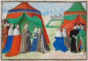 Richard II ontmoet zijn kindbruid, Isabel van Frankrijk, uit de Froissart Chronicles door French School