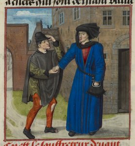 Detail van een miniatuur van een lijdende die geld krijgt van zijn ware vriend, uit Roman de la Rose, ca. 1490-1500 (perkament)