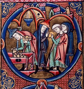 Harley Ms.1526 fol.27 Menelaüs levert het schattinggeld aan Antiochus, koning van Syrië, en verzekert zichzelf het hogepriesterschap met de omkoping, eind 13e eeuw door French School