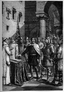 Harold, koning van de Engelsen, zweert trouw aan Willem, hertog van Normandië (Willem I) - Harold II (1020-1066) laatste Angelsaksische koning gekroond in 1064, die een eed aflegt op de heilige relieken voor Willem I de Veroveraar om zijn zaak te steunen o door French School