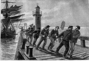 Trekpaarden die een boot slepen, eind 19e eeuw. Gravure in Journal des Voyages van 26 maart 1899.