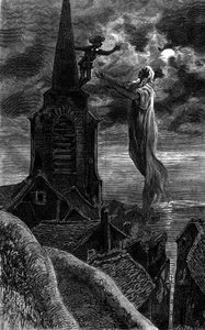 Hij verscheen op de klokkentoren van de kerk. Gravure ter illustratie van de roman 
