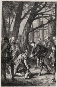 Hendrik III en Hendrik van Navarra toekomstige Hendrik IV ontmoeten elkaar in Plessis-les-Tours op 30 april door French School