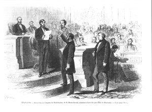 Hiram Revels, de eerste zwarte senator van de staat Mississippi, wordt beëdigd in het Congres van Washington door French School