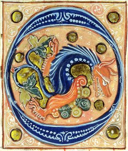 Geïllustreerde initiaal O met een griffioen