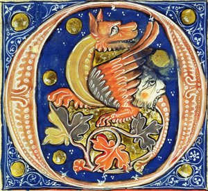 Geïllustreerde initiaal O met een gevleugelde griffioen