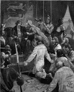 Honderdjarige Oorlog. De burgers van Calais: toewijding van Eustache van St. Peter en zijn metgezellen aan koning Edward III van Engeland smeekt om hun genade, ondersteund door koningin Philippa van Henegouwen (1311-1369). door French School