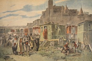 Hongaarse zigeuners buiten Carcassonne, illustratie uit Le Petit Journal: Supplement illustre, 18 december 1898