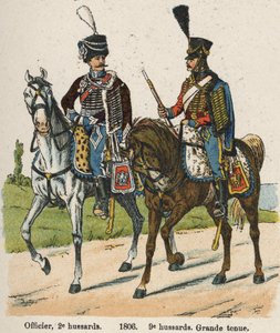 Huzaren 1e vendemiaire An XII (24 september 1803): Officier, 2e huzaren en 9e huzaren in grote kledij in 1806. Plaat uit het boek Les Uniforms de l