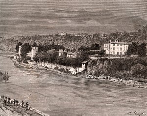 Ile Barbe in het midden van de Saone, in het 9e arrondissement van Lyon - gravure in 