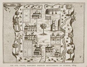 Île Ste. Croix, de vroegste Franse nederzetting in Acadië, 1604, uit Voyages door Samuel de Champlain (ca. 1580-1635), 1613 door French School