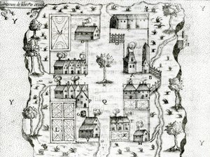Ile Ste. Croix, de vroegste Franse nederzetting in Acadia, 1604, uit Voyages door Samuel de Champlain door French School