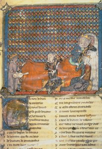 Verluchte pagina uit een Anthologie, van links naar rechts, Adenet le Roi, een minstreel van Hertog Hendrik; Graaf Guy van Vlaanderen; Marie, Koningin van Frankrijk en vrouw van Filips de Stoute (1342-1404); en Mada door French School