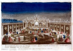 Verlichting ter viering van het huwelijk van Louis Auguste, dauphin van Frankrijk (Lodewijk XVI), met Aartshertogin Marie Antoinette, zus van de Keizer - gravure