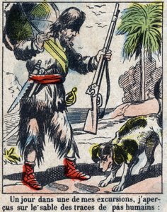 Illustratie voor het boek van Daniel Defoe Robinson Crusoe. Epinal afbeelding eind 19e eeuw