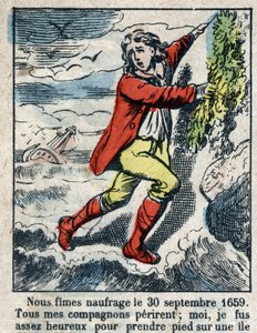 Illustratie voor het boek van Daniel Defoe "Robinson Crusoe". Epinal afbeelding eind 19e eeuw.