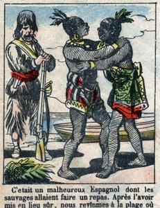Illustratie voor het boek van Daniel Defoe "Robinson Crusoe". Epinal afbeelding eind 19e eeuw.