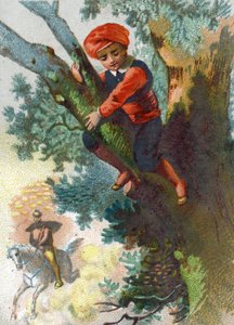 Illustratie voor de Verhalen van Duizend-en-een-nacht. Ali Baba ziet een troep dieven van ver in het bos komen en verstopt zich in een boom. Chromolithografie rond 1890.