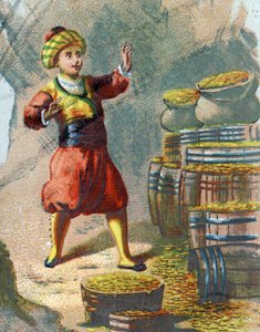 Illustratie voor de Verhalen van Duizend-en-een-nacht. Ali Baba betreedt de rots, zeggend: Sesam open u en ziet gouden vaten. Chromolithografie rond 1890. door French School
