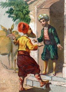 Illustratie voor de Verhalen van Duizend-en-een-nacht. De kapitein, vermomd als oliemarchant en gevolgd door 19 muilezels, elk beladen met twee grote vazen, vraagt om de gastvrijheid van Ali-Baba (Ali Baba). Chromolithografie rond 1890 door French School