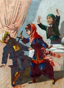 Illustratie voor de Verhalen van Duizend-en-een-nacht. De kapitein vermomt zich opnieuw en keert terug naar Ali Baba, maar Morgiane herkent hem en steekt hem neer tijdens een dans. Chromolithografie rond 1890.