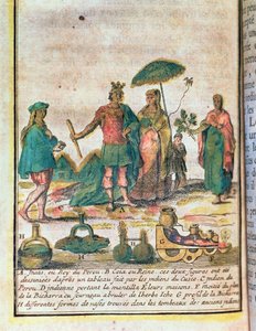 Illustratie uit een geschiedenis van Peru met een Inca koning en koningin met Indiase bedienden en een diagram van een bicharra door French School