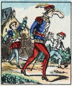 Illustratie van het verhaal "De avonturen van Grand Flandrin" Houtsnede van Imaging Pellerin - Epinal, sd. Eind 19e eeuw.
