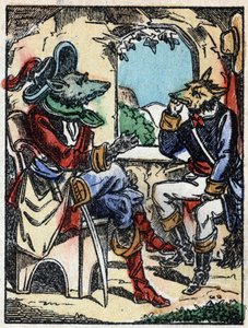 Illustratie van het verhaal "De wolf, de geit en de zeven biquets" Houtsnede van Imaging Pellerin - Epinal, sd. Eind 19e eeuw.
