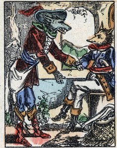 Illustratie van het verhaal "De wolf, de geit en de zeven biquets" Houtsnede van Imaging Pellerin - Epinal, sd. Eind 19e eeuw.
