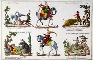 Illustratieplaat voor de fabels van Jean de La Fontaine: de Vos en de Ooievaar, de Chinese wandelaar, de beer en de tuinliefhebber, de Chinese officier. Gravure door French School