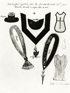 Illustraties van maçonnieke regalia en kleding van de Ridder Kadosh, 30e graad, in de Schotse Ritus van de Vrijmetselarij, 1813 door French School