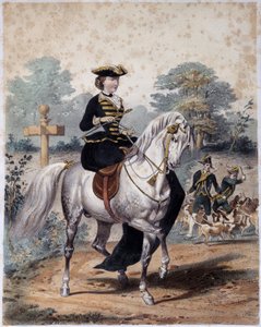Keizerin Eugenia in jachtoutfit. Anonieme gravure, sd. ca. 1860