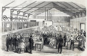Keizerin Eugenie en de Keizerlijke Prins bezoeken de Banque de France, 23 juni 1866 - druk van bankbiljetten - gravure in Le MONDE Illustre DU 07/07/1866 door French School