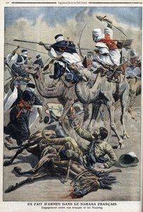 In de Engelse Sahara: gevecht tussen Franse troepen en Toearegs, illustratie uit de krant 