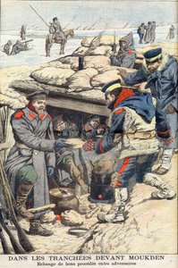 In de loopgraven voor Mukden, Russisch-Japanse oorlog. Japanse en Russische troepen wisselen voedsel en drank uit. In de loopgraaf voor Mukden. Uitwisseling van goederen tussen tegenstanders. Illustratie voor Le petit Journal, 22 januari 1905.