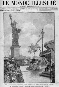 Inhuldiging van het Vrijheidsbeeld in Parijs, op 4 juli 1889: toespraak van Eugène Spuller (1835-1896), Franse minister van Buitenlandse Zaken. Het standbeeld werd aan de stad Parijs geschonken door de Amerikaanse gemeenschap ter herdenking van de honderds door French School