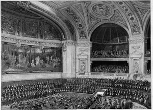 Inhuldiging van de nieuwe Sorbonne in 1889: het grote amfitheater tijdens de ceremonie. door French School