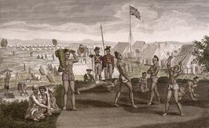 Indiase krijgers oefenen met uitzicht op het kamp van de Engelse resident, c.1810 door French School