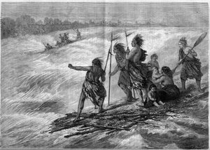 Indianen van Canada, staande op samengebonden boomtakken, dalen de Long Sault Rapids af op de St. Lawrence River door French School