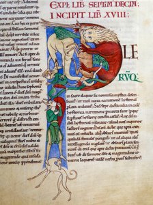 Initiaal P (lettrine): gistduivel mond van de hel. Miniatuur uit het manuscript 