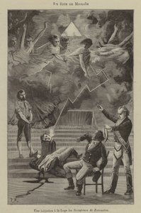 Inwijding in een loge van de Rite van Misraim (gravure)