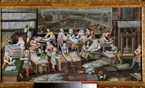Binnen een speelkaartenfabriek in een huis aan de Place Dauphine in Parijs De verschillende stadia van kaartmaken en verkopen worden beschreven. (schilderij van de Franse School) circa 1680