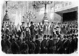 Installatie van Lazard Isidor als opperrabbijn van Frankrijk in 1867 in de Synagoge van de Rue Notre-Dame-de-Nazareth in Parijs