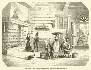 Interieur van een zeepalingfabriek in Comacchio (gravure) door French School