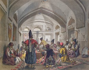Interieur van een karavanserai in Perzië, midden negentiende eeuw