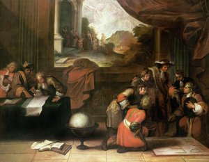 Interieur van een kamer met geografen en wiskundigen, ca. 1680-90