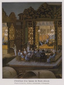 Interieur van een bloemenboot, een Chinese plezierboot (kleurenlitho)