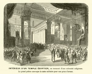 Interieur van een oude Egyptische tempel tijdens een dienst (gravure)